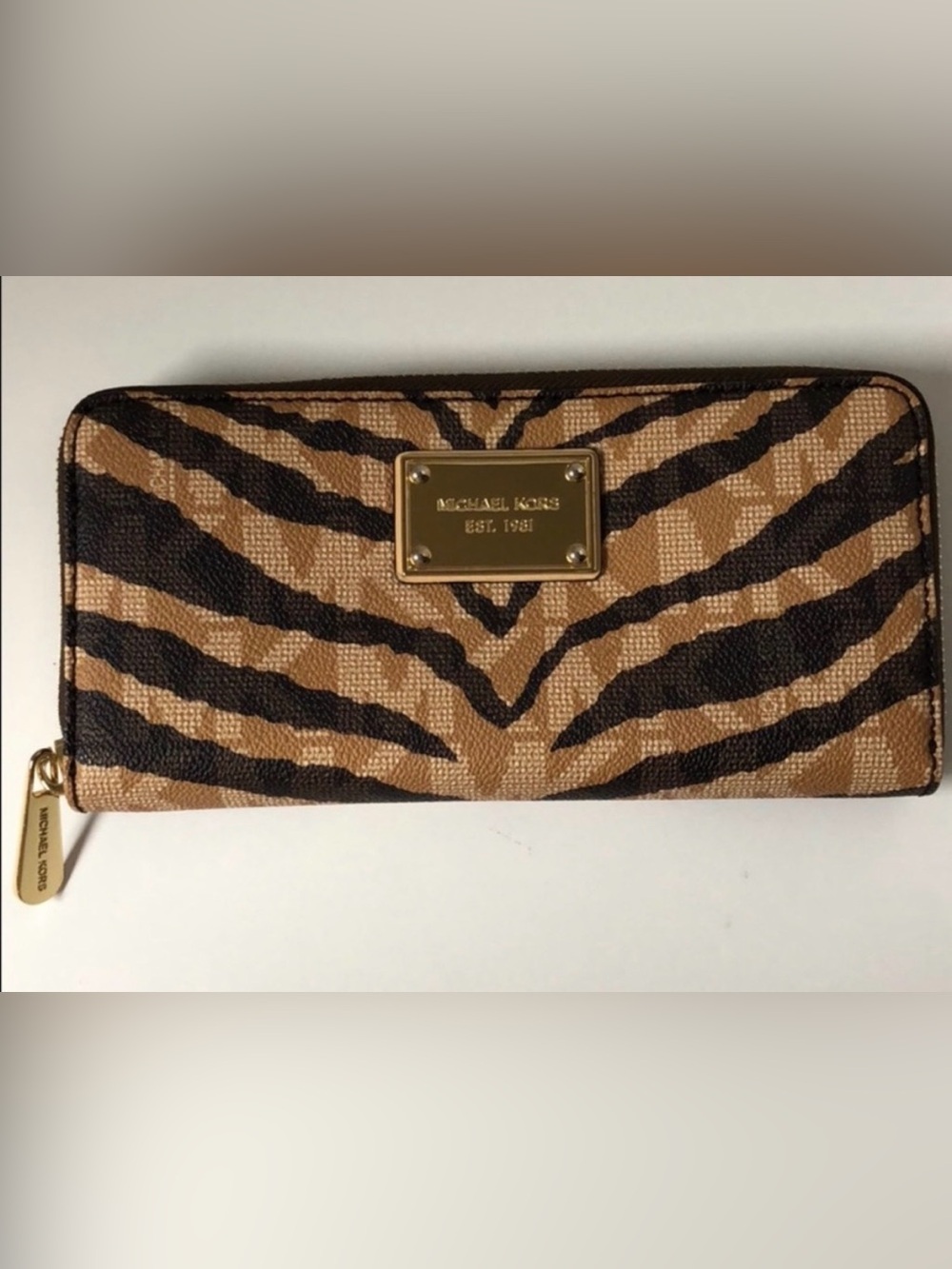 Michael Kors Tan & Black Zebra-Print Zip Wallet with Gold Plaque